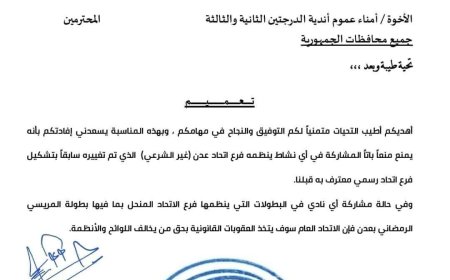 الاتحاد اليمني لكرة القدم يحذر من المشاركة في أي أنشطة ينظمها فرع عدن (غير الشرعي)