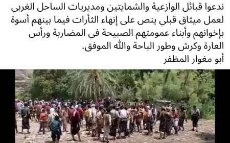 تعز..أحد وجهاء وأعيان بني عمر يدعوا قبائل الوازعية والشمايتين ومديريات الساحل الغربي لسرعة إشهار ميثاق قبلي