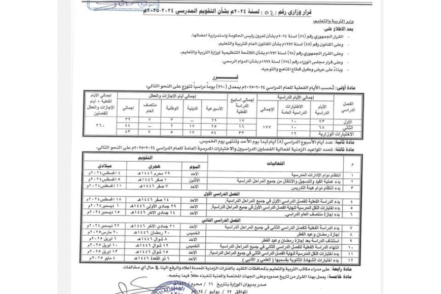 عاجل : تحديد بدء العام الدراسي الجديد ٢٠٢٤/٢٠٢٥ 