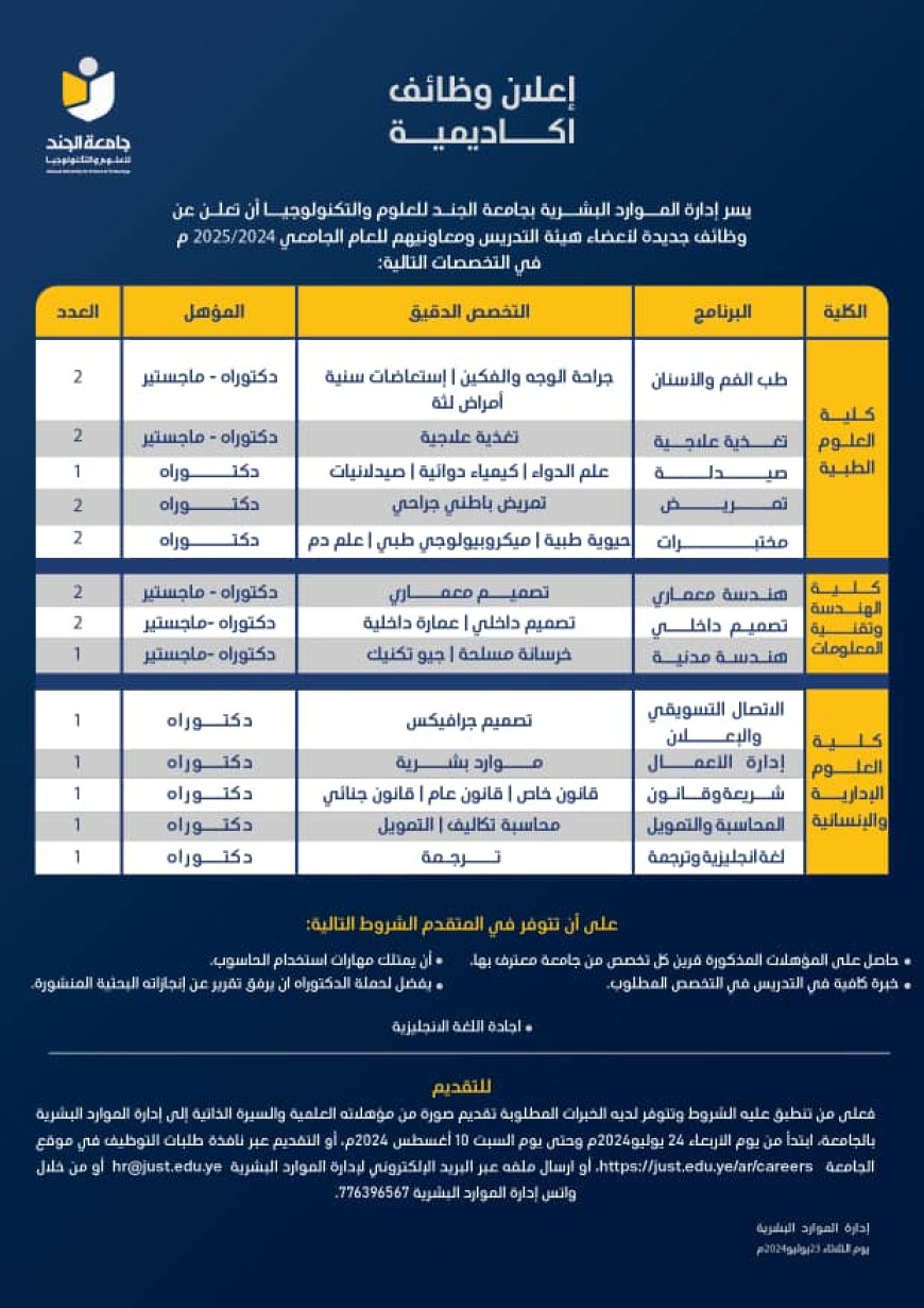 جامعة الجند تعلن عن وظائف أكاديمية في تخصصات مختلفة