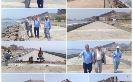 خلال زيارته التفقدية :  نائب محافظ عدن يشيد بالجهود الملموسة لإنجاز مشروع الرصف بالاحجار " لممشى" ساحل أبين 