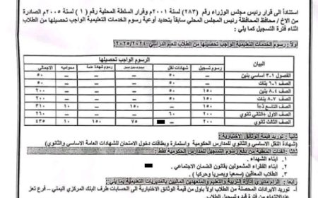 وثيقة تلزم مدراء المدارس الحكومية في تعز بتحصيل رسوم خدمات تعليمية رمزية..