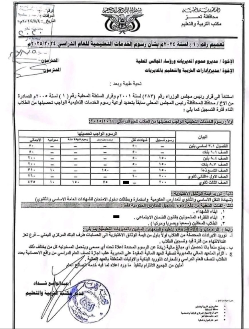 وثيقة تلزم مدراء المدارس الحكومية في تعز بتحصيل رسوم خدمات تعليمية رمزية..