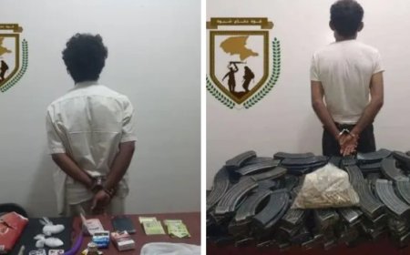 قوات دفاع شبوة تضبط شخصين حاولا تهريب أسلحة ومخدرات متنوعة ..