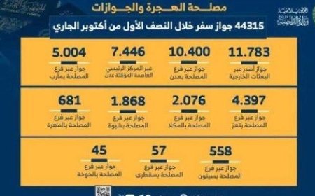 44315 جواز سفر أصدرته مصلحة الهجرة والجوازات خلال النصف الاول من أكتوبر الجاري..
