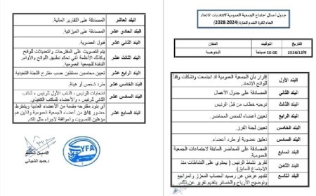 قرار جدول أعمال اجتماع الجمعية العمومية لانتخابات الاتحاد اليمني لكرة القدم للفترة (2024 - 2028)...