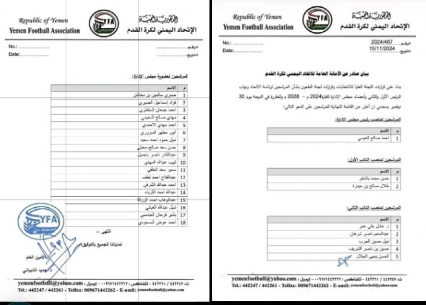 تعرف على القائمة النهائية لمرشحي انتخابات مجلس إدارة الاتحاد اليمني لكرة القدم..