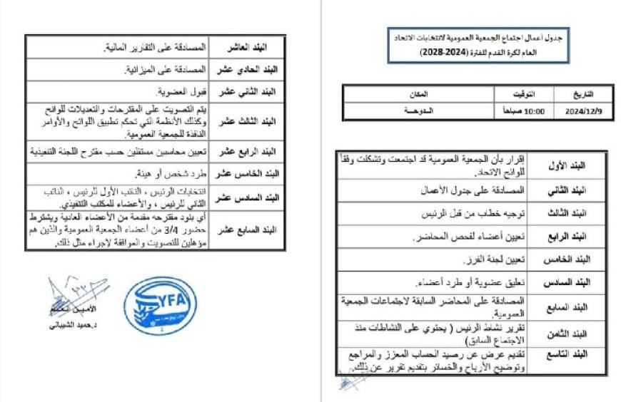 قرار جدول أعمال اجتماع الجمعية العمومية لانتخابات الاتحاد اليمني لكرة القدم للفترة (2024 - 2028)...