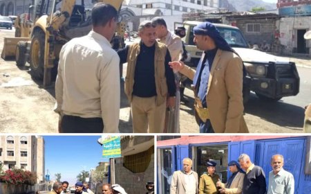 مدير مديرية القاهرة يتفقد سير العمل في مشروع تأهيل واستكمال سفلتة شارع البريد بتعز..