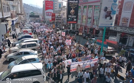تعز: آلاف المحتجين يطالبون بعودة السلطة الشرعية وهيئاتها وتحسين المعيشة..