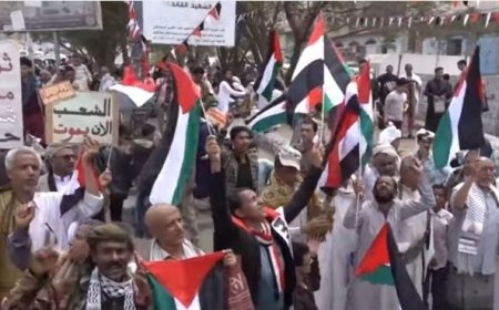 تظاهرة احتجاجية في محافظة تعز دعما للمقاومة الفلسطينية في غزة والضفة الغربية..