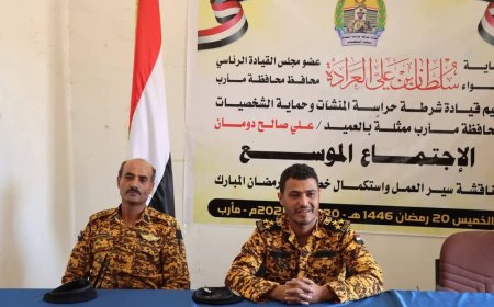 العميد علي دومان يترأس اجتماعًا موسعًا لمناقشة سير عمل شرطة المنشآت وحماية الشخصيات في مأرب..