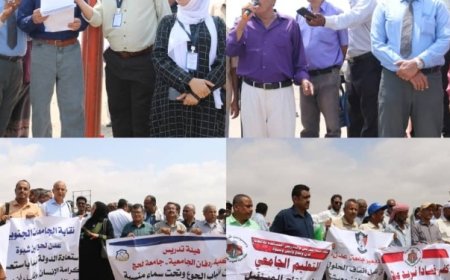 أكاديميون ونقابيون ينظمون وقفة احتجاجية في العاصمة عدن ويجددون الدعوة لمطالبهم العادلة ...