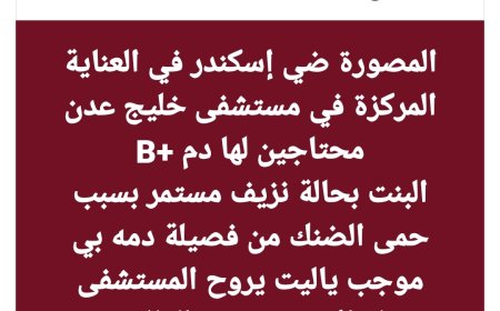عاجل:وسط دعوات لتوفير فصيلة دم +B لها..المصورة "ضي إسكندر" في العناية المركزة بعدن