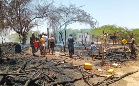 حريق يلتهم منازل النازحين في شمال الحديدة بسبب الاحتفال بيوم الولاية الحوثية ...