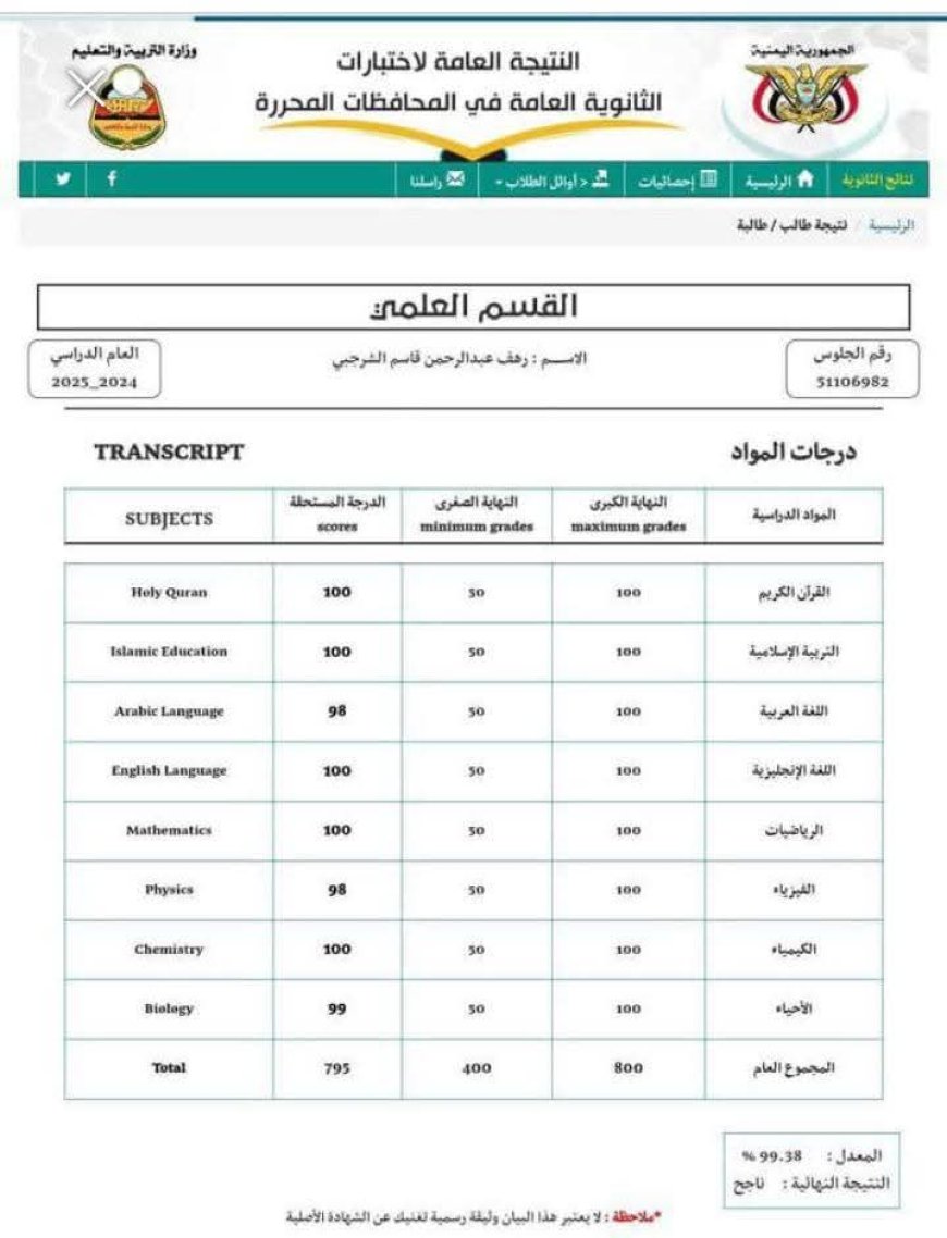 تفوق يليق بابنة الدكتور.. رهف عبدالرحمن الشرجبي تحصد 99.38% في الثانوية العامة وتدخل الفرح إلى قلوب أسرتها
