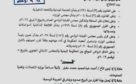 الرئيس الزُبيدي يصدر قرارا بتعيين وكيلاً مساعدا لوزارة الاتصالات(وثيقة)