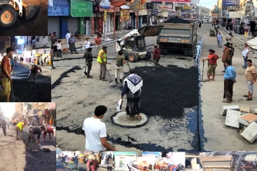 سفلتة شارع التحرير الأسفل في تعز بعد استكمال مشروع الصرف الصحي