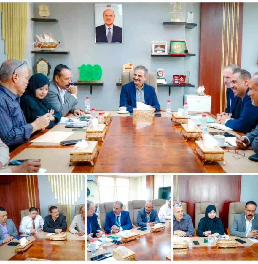 بحضور رئيس صندوق صيانة الطرق..المحافظ لملس يناقش مع مكتب الأمم المتحدة لخدمات المشاريع سير العمل بمشروع طريق حيوي وهام بالعاصمة عدن