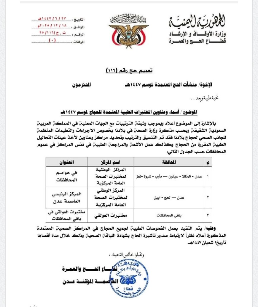 وزارة الأوقاف تُقِر أسماء وعناوين المختبرات الطبية الخاصة بحجاج موسم 1447هـ....