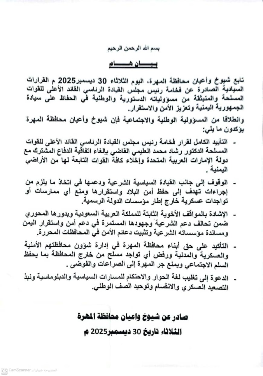 شيوخ وأعيان المهرة يؤكدون دعمهم للقيادة الرئاسية ويدعون لتعزيز الأمن والاستقرار بالمحافظة