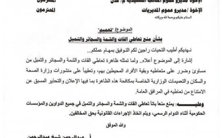 وزير الدولة محافظ العاصمة عدن يعلن الحرب على القات والتبغ في المؤسسات الحكومية وتتوعد المخالفين(وثيقة)