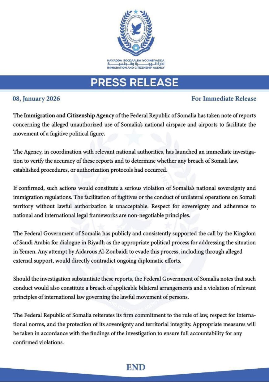 عاجل: الصومال تفتح تحقيقا في تقارير عن تسهيل عبور الزبيدي وتؤكد دعمها لحوار الرياض