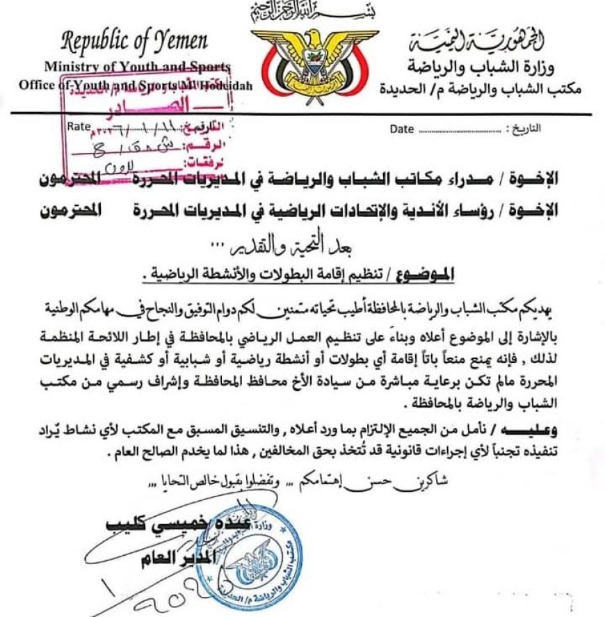 اجراءات جديدة لتنظيم الأنشطة الرياضية والشبابية في المديريات المحررة بالحديدة...