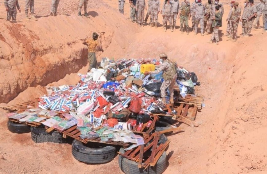 قيادة كتيبة منفذ الوديعة تُتلف كميات ضخمة من الممنوعات بينها 594 كجم من الحشيش وأكثر من 118ألف حبة كبتاجون....