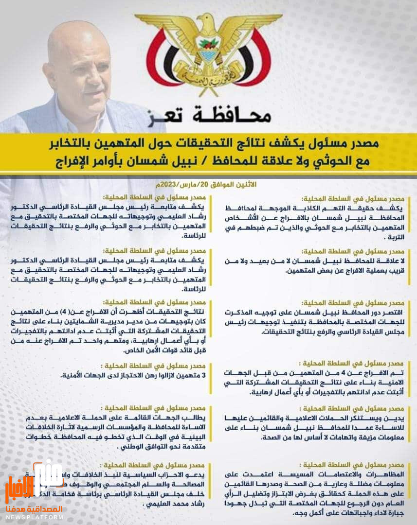 مصدر مسؤول في السلطة المحلية بتعز يكشف نتائج التحقيقات للجنة الرئاسية حول المتهمين بالتخابر مع الحوثي والتقرير يؤكد لا علاقة للمحافظ نبيل شمسان بأوامر الإفراج