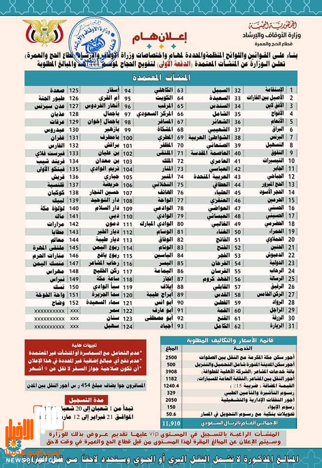 عاجل : وزارة الأوقاف تدشن موسم حج هذا العام 1444 هجرية وتعلن أسعار وتفاصيل البرامج